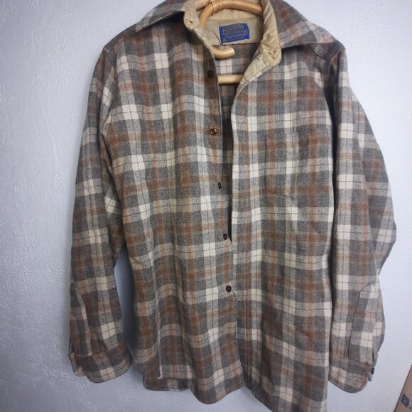 VTG Pendleton Wool Plaid Shirt Medium USA Made Virgin Wool Flannel Brown Tan EUC - Picture 2 of 5